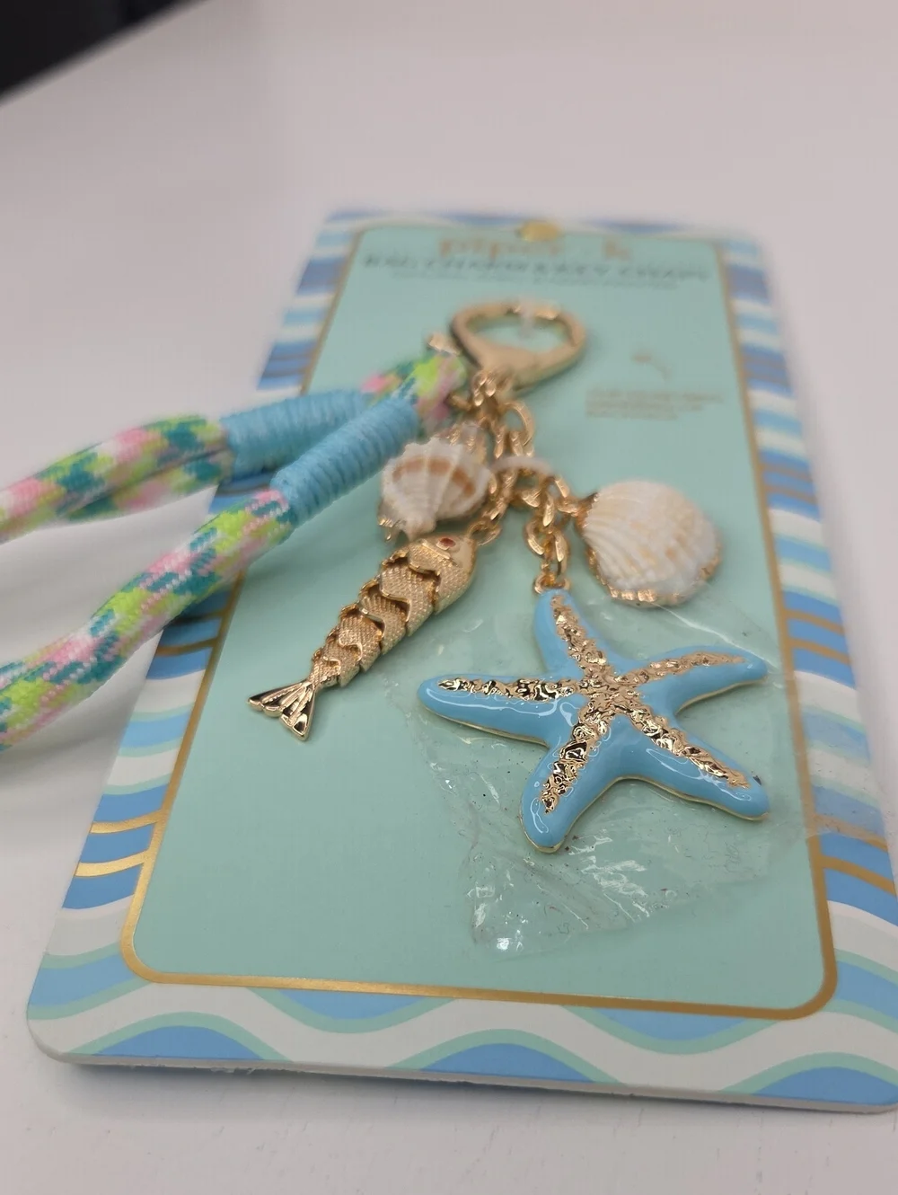 💙▪️Piper K ▪️ Seashell Starfish Bag Charm Key Chain - Blue & Gold